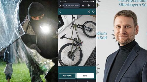 In der Mitte: Der Eintrag für die in Riedering gestohlenen Fahrräder auf der rumänischen Website. Rechts: Dominik Röber, Fachberater der KripoRosenheim. Fotos dpa/re/Polizeipräsidium Oberbayern Süd