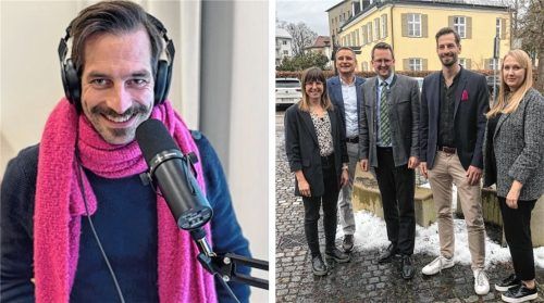 Johann Struck moderiert den Aiblinger Podcast (linkes Bild). Voller Vorfreude blicken (von links) Teresa Jancso vom Stadtmarketing, Kurdirektor Thomas Jahn, Bürgermeister Stephan Schlier, Moderator Johann Struck und Kathrin Müller, Leitung Marketing und Veranstaltungen bei der Aib-Kur, auf die ersten Folgen. Foto Tobias Krüger (Wilde und Partner) / Bettinger