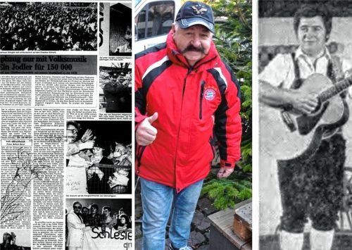 Links: Zeitungsausschnitte zur DDR-Tournee Zankls 1990. Max Zankl im Jahr 2025 (Mitte) und 40 Jahre zuvor, 1985. Foto OVB Media Grafik / Stadtarchiv Rosenheim / hs (Montage)