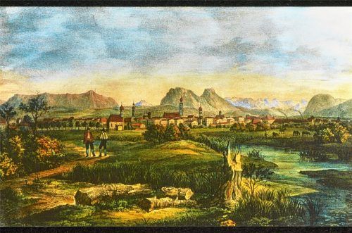 Rosenheim um 1830: Die aquarellierte Zeichnung zeigt Rosenheim von Norden. Der Marktflecken mit rund 3000 Einwohnern entwickelt sich zu einer florierenden Stadt. Unter anderem brachte der Bau der Eisenbahn große Veränderungen mit sich. Mit der Erstausgabe des Rosenheimer Amtsblatts wurden Informationen nicht mehr nur in den Wirtshäusern und auf dem Marktplatz verbreitet, sondern standen schwarz auf weiß auf den wenigen Seiten des Vorläufers der heutigen Zeitung. Foto Stadtarchiv Rosenheim, Fotosammlung, F 28510.