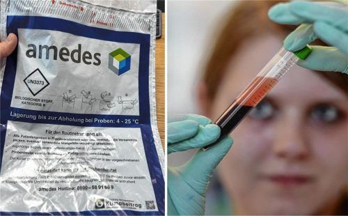 Solch ein Laborbeutel mit 25 Blutproben wurde am vergangenen Montag zwischen 12.15 und 12.30 Uhr in Bad Feilnbach von einem Unbekannten entwendet. Foto re/dpa | Patrick Seeger