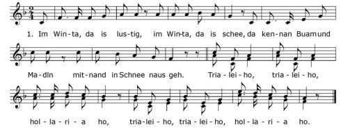 Zwölf Strophen hat das Lied „Wintersport in Bruckmühl“: Liedgestaltung und Noten von EBES-Volksmusik (2019). EBES-Volksmusik
