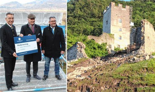 Beim verheerenden Unwetter im Juni 2024 rutschten Teile der Burgruine Falkenstein ab (rechts). Jetzt gab es weitere finanzielle Unterstützung für die Notsicherung der Vormauer: Landrat Otto Lederer (links) und Flintsbachs Bürgermeister Stefan Lederwascher (rechts) nahmen eine Spende über 23000 Euro von Axel Hofstadt (Mitte) von der Deutschen Stiftung Denkmalschutz entgegen. Foto Volkhard Steffenhagen