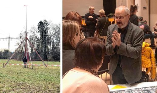 Bürgermeister Peter Kloo (rechts) äußert sich zu den Phantom-Gerüsten, die hinsichtlich des geplanten Wohnbau-Projektes „Am Alpenblick“ aufgestellt wurden. Foto re/Bettinger