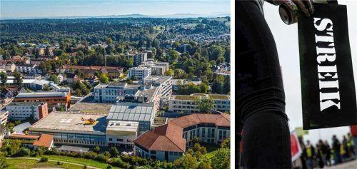 Darf am Klinikum Traunstein (links) gestreikt werden? Das entscheidet jetzt das Arbeitsgericht Traunstein. Foto Collage: Kliniken Südostbayern/dpa