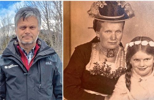 Der Aschauer Heimatforscher Thomas Bauer (links) bewahrt die Erinnerungen seiner Familie. Das Bild (rechts) zeigt seine Großmutter Katharina und Mutter Isolde bei der Erstkommunion am 8. April 1945. Foto pirvat