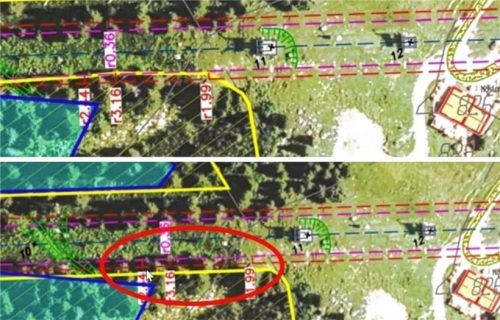 Diese Karten zeigen die Bereiche, in denen es Überschneidungen der bestehenden Trasse (pinke Linie) und der 2017 genehmigten Neubautrasse (rote Linie) mit dem Naturwald gibt. Diesen Fehler von 2020 hat das Forstministerium jetzt bereinigt. Auf der unteren Karte sieht man den rot umrandeten Bereich, in dem der Naturwald (gelbe Linie) um etwa 200 Quadratmeter reduziert wurde. Foto Bund Naturschutz/Kathrin Gerlach