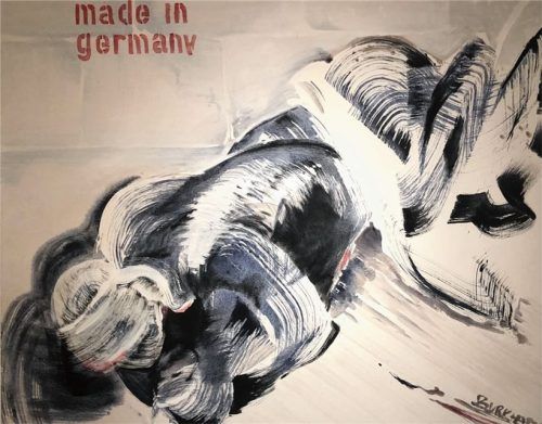 Ein Vater wirft sich schützend über sein Kind. „Krieg“ (Acryl auf Leinwand, 1988) thematisiert die Mitschuld deutscher Manager an irakischen Giftgasangriffen.Fotos bößwetter