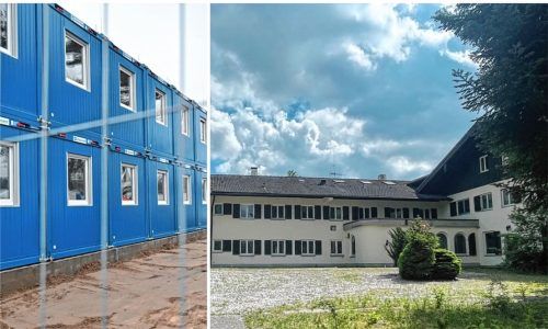 In die einstige „Hackethal-Klinik“ auf Gut Spreng (rechts) ziehen bald 67 geflüchtete Menschen ein. Jetzt werden auch die Fundamente für eine Containeranlage für weitere 100 Asylbewerber bereitet. Per Eilantrag will die Gemeinde Riedering diese Arbeiten jetzt stoppen. Fotos dpa/Pleul/Kirchner