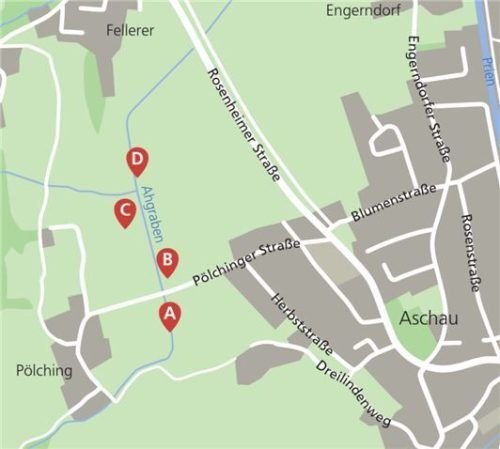 28 mögliche Standorte wurden geprüft. Die besten Voraussetzungen fanden sich nahe der Pölchinger Straße mit den Standorten A, B, C und D. Klinger