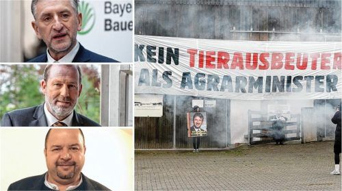 Aktivisten der Organisation „Animal Rebellion“ protestierten auf dem Privatgelände (rechts) des bayerischen Bauernpräsidenten Günther Felßner (oben links). Rosenheims Kreisobmann Sepp Andres (unten links) und Mühldorfs Kreisobmann Ulrich Niederschweiberer verurteilen das Vorgehen der Aktivisten scharf. Foto DPA/Sven Hoppe/Leitner/privat