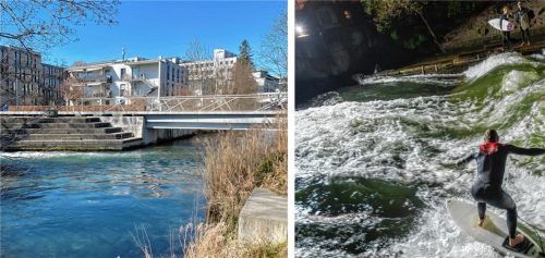 In Rosenheim soll eine Surfwelle entstehen – ähnlich wie die Eisbachwelle in München. Als Standort kommt der Ichikawa-Platz infrage. Foto Peter Huber/ Peter Kneffel/dpa