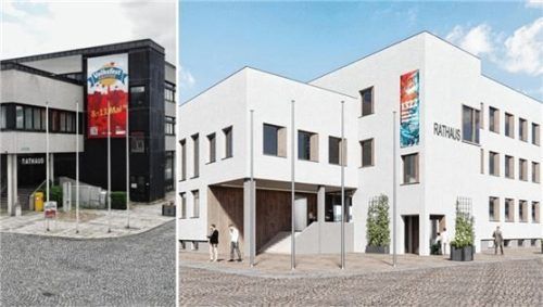 Ampfings Rathaus soll 2026 saniert werden und ein neues Gesicht bekommen. Die bisherige Bundfassade (linkes Bild) soll einer Lochfassade weichen. Die Baumaßnahme soll im Jahr 2027 fertig sein. Foto  Eschenfelder/Gemeinde Ampfing