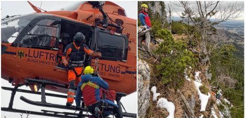 Dramatischer Einsatz am Morgen: Eine Bergsteigerin rutschte am vergangenen Montag von der Kampenwand ab. Ihre Rettung wurde zu Luft und am Boden vorbereitet. Foto Bergwacht Sachrang-Aschau