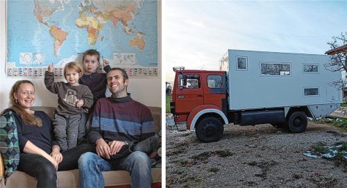 Eine Familie aus Feldkirchen-Westerham geht auf große Weltreise: Jane Töllner und Daniel Frérot mit ihren Kindern Artis und Ida und ihrem umgebauten Feuerwehrauto „Otto“. Foto Collage: Privat