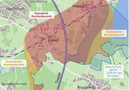 In den markierten Bereichen darf die Bahn jetzt Kartierungsarbeiten durchführen. Foto Grafik Verena Klinger