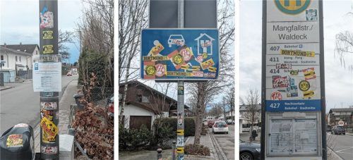 Zahlreiche Schilder, Haltestellen und Laternenmasten wurden mit Stickern beklebt. Rund 90 Prozent der Sticker lassen sich Fangruppen von Sportvereinen zuordnen. Foto privat