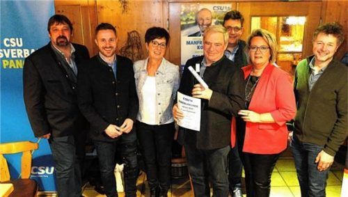 Zufriedene Gesichter bei der Jahreshauptversammlung der Panger CSU: (von links) Thomas Fischbacher, neu gewählter Zweiter stellvertretender Vorsitzender des Ortsverbandes, Zweiter Bürgermeister und Landtagsabgeordneter Daniel Artmann, Erster Vorsitzende Ulrike Plankl, Johann Rutz, geehrt für 45 Jahre Verbandsmitgliedschaft, Georg Kaffl, wiedergewählter Schriftführer, Mihaela Hammer, wiedergewählte Erste stellvertretende Vorsitzende und Peter Dinzenhofer, wiedergewählter Schatzmeister.Foto Knarr