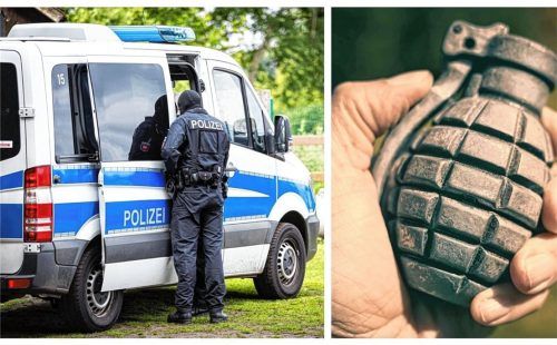 Am 9. April 2024 fand auf dem Grundstück eines Reichsbürgers in Feldkirchen-Westerham eine Durchsuchung statt. Dabei wurde unter anderem eine scharfe Handgranate gefunden. Foto Collage: picture alliance/dpa | Moritz Frankenberg/ IMAGO | Christian Ohde
