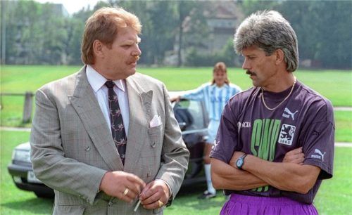 Das Löwen-Duo zur Bundesliga-Rückkehr: Werner Lorant (rechts) und Präsident Karl-Heinz Wildmoser.Foto Imago