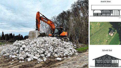 Der Betonstadel in Steinkirchen ist Geschichte. Er wurde abgerissen. Nun gibt es einen Bauantrag für einen Rinderlaufstall an gleicher Stelle. Geht der Streit in die nächste Runde? Foto Gemeindeverwaltung Samerberg /Bayernatlas