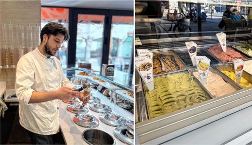 Die Rosenheimer Eismacher wie Marco Digregorio vom „Le Delizie“ bereiten sich auf das frühlingshafte Wetter vor.Insbesondere Pistazien-Eis und einige andere Sorten sind heuer gefragt. Foto Montage: Baumeister
