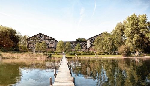 Diese Visualisierung zeigt, wie der neue Malerwinkel in Lambach bei Seebruck aussehen könnte. Den Umweltverband Alztal und Umgebung (UVA) erinnert an das Olympia-Stadion in Peking, nicht aber an einen traditionellen oberbayerischen Bundwerkstadel.Fotos Archiv Rasch