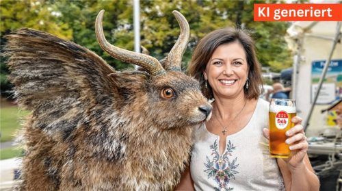 Ein KI-generiertes Bild der bayerischen Landtagspräsidentin Ilse Aigner, die mit einem Kölsch in der Hand einen Wolpertinger herzt: Kein Problem für künstliche Intelligenz – und natürlich kein echtes Foto. Foto Neuraforge