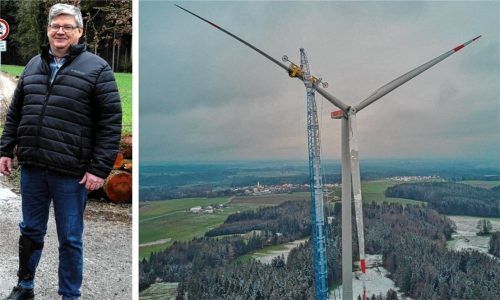 Florian Lechner ist einer der Betreiber des errichteten Windrades in Feldkirchen-Westerham. Nun klärt er auf, ob der Koloss auch wirklich seine Wirkung zeigt. Foto Collage: Merk/Schmuck