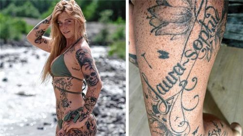 „Ich lebe nur einmal”, sagt Miss Tattoo Rosenheim. Ein besonders wichtiges Kunstwerk ist für Tanja Gaida der Name ihrer Tochter auf ihrem linken Oberschenkel. Foto privat