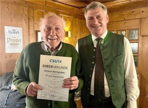 Johann Steingraber (links) bekam vom Vorsitzenden JosefGasteiger die Urkunde für 55 Jahre Mitgliedschaft.Foto CSU Aising