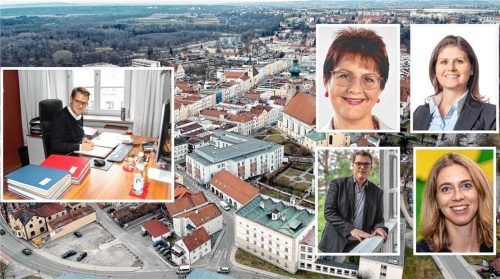Streit um die künftige Entwicklung der Stadt: Bürgermeister Michael Hetzl (links) erhielt Zustimmung von Karin Zieglgänsberger und Kritik von Kathrin Enzinger, Stefan Lasner und Angelika Kölbl (rechts, von oben rechts im Uhrzeigersinn). Foto Kreismuseum/UM/CSU/Grüne/SPD