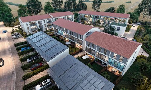 Wohnen mit Weitblick in Massing: In idyllischer Ortsrandlage auf dem Höhenzug zwischen Rott und Bina errichtet das Bauunternehmen Haberl die Siedlung „Thanneter Leit’n“ mit acht Reihenhäusern und 28 Wohnungen. Foto Visualisierung: Haberl GmbH