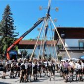 Burschen des Grama-Vereins packen kräftig zu beim 32 Meter hohen Maibaum in Kematen