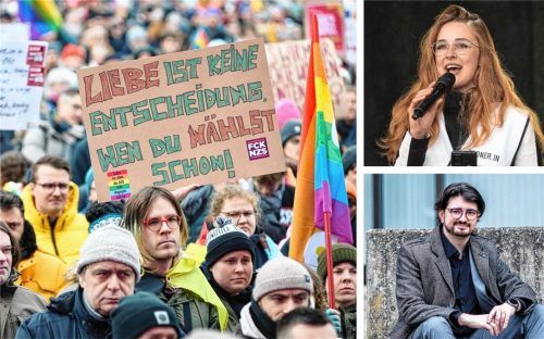 An diesem Samstag findet in Rosenheim zum dritten Mal der Christopher Street Day (CSD) statt. Doch im Vorfeld gibt es jetzt Streit zwischen den Veranstaltern um Anna Gmeiner (oben rechts) und der FDP. Marcus Moga (unten rechts), deren Vorsitzender in Rosenheim, kritisiert das CSD-Organisationsteam scharf. Fotos dpa/privat