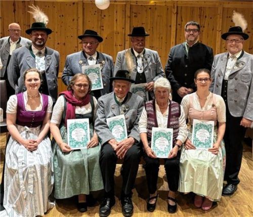 Auszeichnung für langjährige Treue: (hintere Reihe, von links) Alois Huber, Hans Beham, Helmut Kaltenborn, Markus Nietmann, Markus Zehetmaier (vordere Reihe von links) Anita Sollinger, Rosmarie Pritzl, Georg Kellerer, Christa Huber und Claudia Haager. Foto trachtenverein heufeld