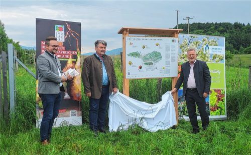 Bei der Enthüllung der Infotafel: (von links) Markus Breier, Kreisfachberater für Gartenkultur und Landschaftspflege am Landratsamt Traunstein, Pittenharts Bürgermeister und Vorsitzender des Kulturvereins Hilgerhof Sepp Reithmeier, und Sepp Konhäuser, Stellvertretender Landrat des Landkreises Traunstein.