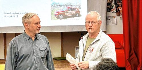 Der Vorsitzende der Feuerwehr Gstadt Stephan Lindner (rechts) überreicht den Erlös aus dem Watt-Turnier an den Vorsitzenden Max Stadler der „First Responder Chiemsee Nord“ (links). Foto Hötzelsperger