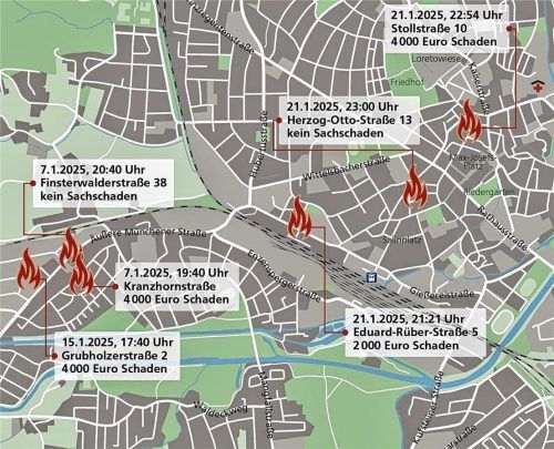 Die Grafik zeigt eine Übersicht über die Brände, für die der Angeklagte verantwortlich ist. Klinger