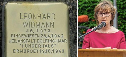 Dieser Stolperstein wurde jetzt in Bruckmühl vor der Staatlichen Realschule verlegt. Waltraud Forstner, Nichte des NS-Opfers Leonhard Widmann, erzählte bei dem Festakt aus dem Leben ihres Onkels.