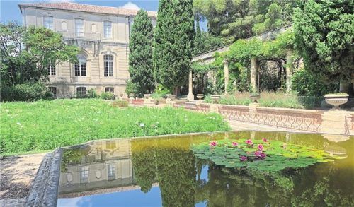 Dufte: Fischteich mit Seerosen in den Gärten der Abbaye de Saint Andre (gr. F.). Links: Sylvie Brun mit selbst gemachtem Rosensirup. Fotos Franziska Horn