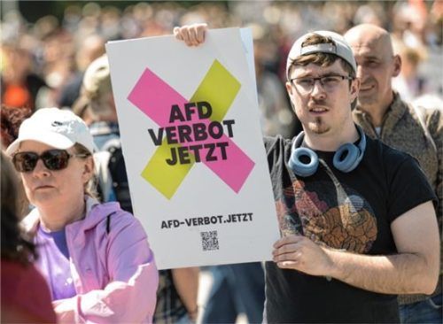 Ein Demonstrant hält ein Plakat bei einer Demonstration im Rahmen eines bundesweiten Aktionstags unter dem Motto „Keine Ausreden mehr – AfD-Verbot jetzt!“.Foto dpa