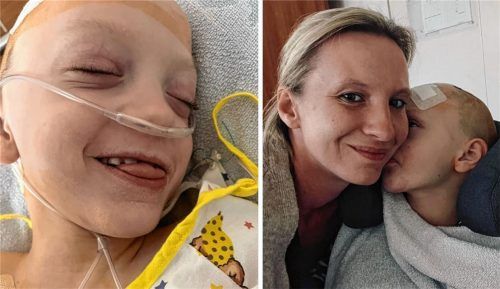 Eine Operation bei Finni (8) hatte jüngst deutliche Fortschritte gebracht. Jetzt musste Familie Zettel – hier bekommt Mama Viktoria (36) ein Bussi von ihrem Buben – aber einen Rückschlag hinnehmen. Fotos re