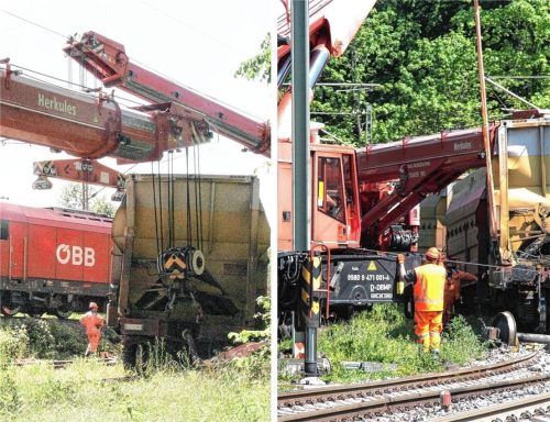 Nach der Kollision von Güterzügen auf der Bahnstrecke zum Zementwerk in Rohrdorf wurden die entgleisten Waggons mit den Notfallkränen „Zeus“ und „Herkules“ geborgen. Foto Reisner