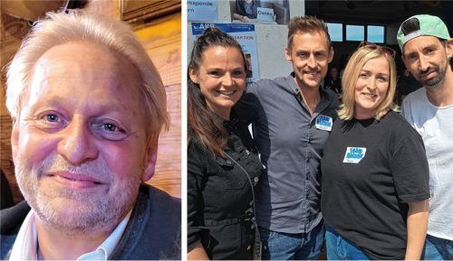 Sabrina und Alex Strohmeier sowie Tanja und Sebastian Schmid (rechtes Bild, von links) organisierten für ihren an Blutkrebs erkrankten Vater/Schwiegervater Roland Strohmeier eine große Typisierungsaktion. Foto re/Hadersbeck
