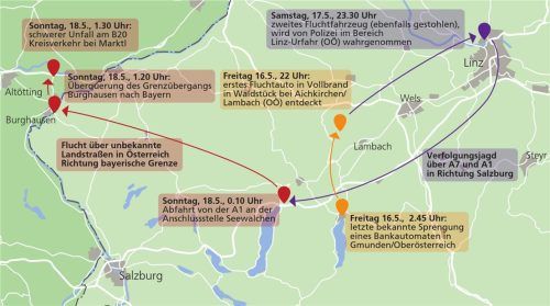 Wie im Krimi: Vom Tatort im oberösterreichischen Gmunden über Lambach, Linz und Burghausen führte die wilde Flucht der mutmaßlichen „Knallknacker“ nach Marktl. Klinger