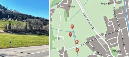 28 mögliche Standorte für ein Biomasseheizwerk wurden geprüft. Die besten Voraussetzungen fanden sich an der Pölchinger Straße und im Ortsteil Fellerer. Jetzt wird der Bereich links der Frasdorfer Straße – Standort D – favorisiert. Foto privat/grafik Klinger