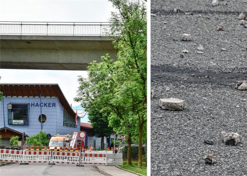 Am vergangenen Dienstag lösten sich gleich mehrere Steinbrocken aus der Brücke an der Miesbacher Straße. Fotos Schlecker
