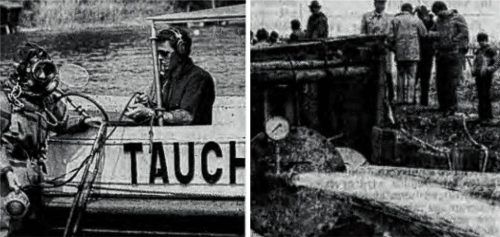 Arbeiten am Chiemsee-Ringkanal: historische Bilder vom Einsatz der Taucher und einem Testbetrieb der unter Wasser verlegten Leitungen. Foto Archiv Berger