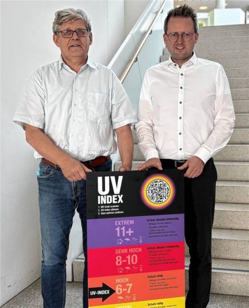 Bürgermeister Stephan Schlier (rechts) und der Klimaschutzmanager der Stadt, Albert Bernstetter, präsentieren die neue UV-Tafel. Foto re